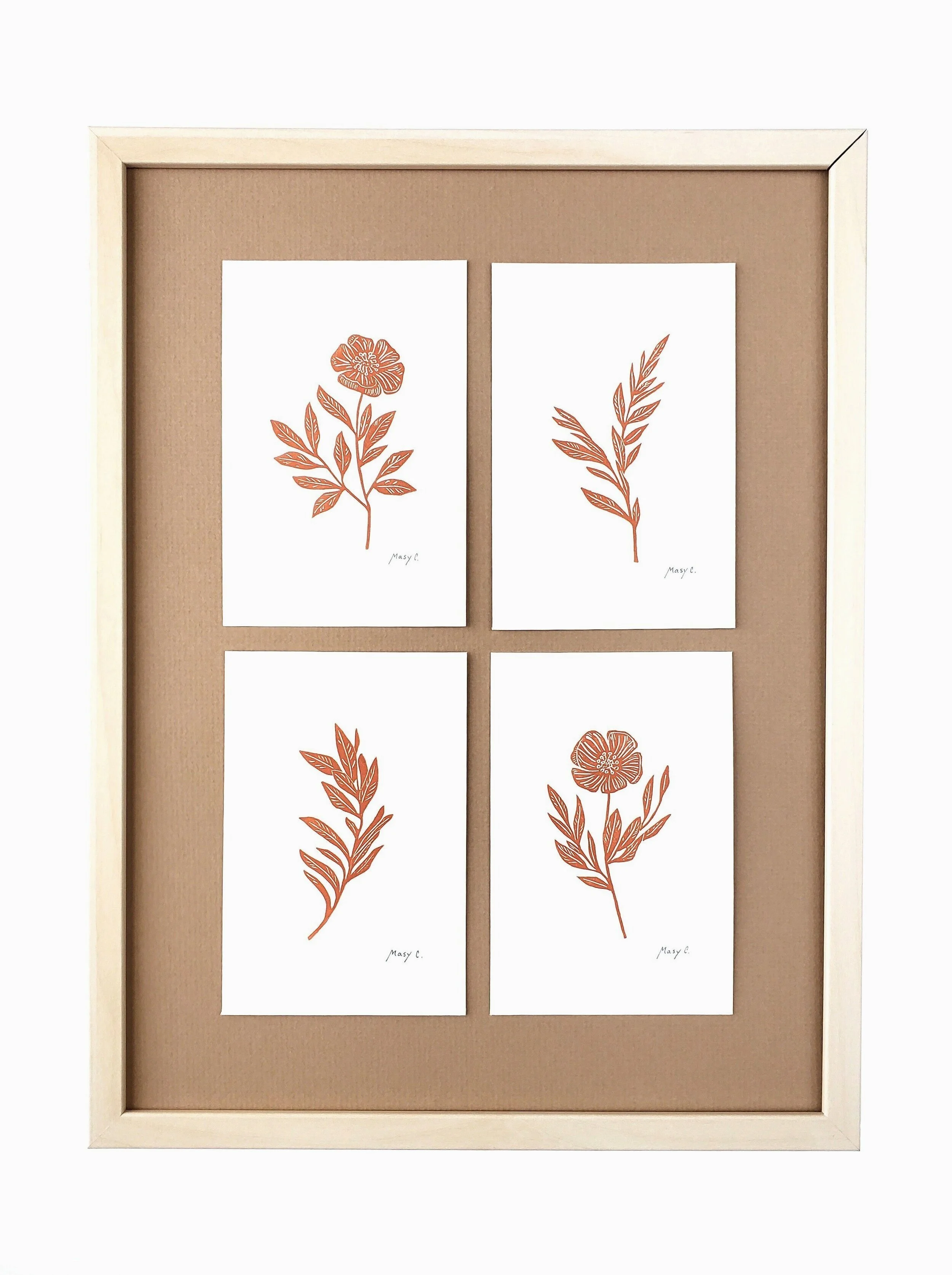 Small botanical block print - 4x6 neutral floral wall art - small